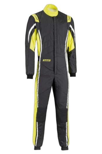 Grand Prix Racewear racing suit in black and yellow with protective padding, ideal for motorsport enthusiasts and professional drivers.