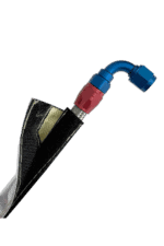 Close-up of a racing fuel hose with blue and red fittings, used in motorsport for high-performance fuel transfer.