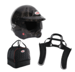 Grand Prix racing helmet, racing bag, and steering wheel accessories for motorsport enthusiasts.