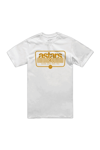 White Grand Prix Racewear T-shirt with Astars logo and barcode design in gold.