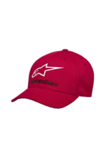 Red Alpinestars racing cap with white logo and black text, designed for motorsport enthusiasts.