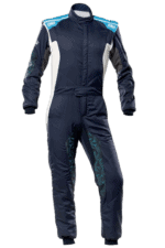 Grand Prix Racewear racing suit in navy blue with white and teal accents, designed for professional motorsport drivers.