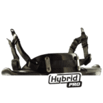 Close-up of a racing harness with 'Hybrid PRO' logo, used in motorsport safety gear for Grand Prix racing.