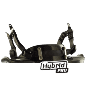Close-up of a racing harness with 'Hybrid PRO' logo, used in motorsport safety gear for Grand Prix racing.