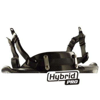 Close-up of a racing harness with 'Hybrid PRO' logo, used in motorsport safety gear for Grand Prix racing.