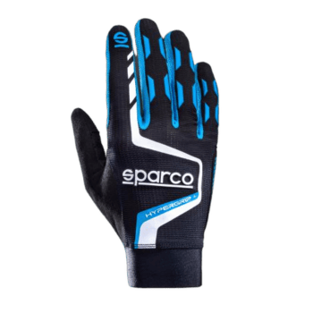 Sparco HyperGrip racing glove in black and blue with white accents, designed for motorsport safety and performance.