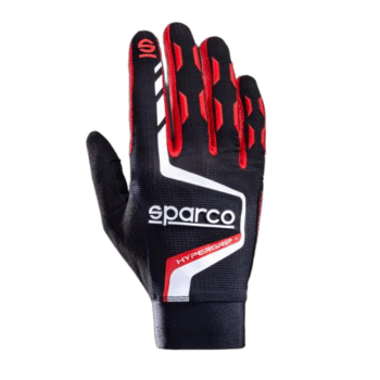 Sparco Hypergrip racing glove in black, red, and white with detailed grip design, ideal for motorsport enthusiasts and professional drivers.