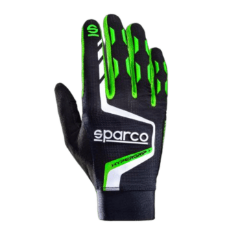 Sparco Hypergrip racing glove with black, green, and white design, featuring the Sparco logo and enhanced grip features for motorsport safety.