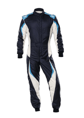 Grand Prix Racewear racing suit in navy blue, white, and light blue with OMP branding, designed for motorsport safety and performance.