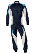 Grand Prix Racewear racing suit in navy blue with white and light blue accents, designed for motorsport drivers.