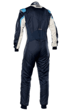 Grand Prix Racewear racing suit in navy blue and white, designed for professional motorsport drivers, featuring durable materials and advanced safety features.