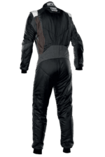Grand Prix Racewear racing suit in black and grey with protective padding, designed for motorsport safety and performance.