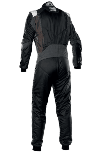 Grand Prix Racewear racing suit in black and grey with protective padding, designed for motorsport safety and performance.