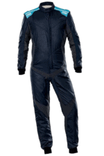 Grand Prix Racewear racing suit in navy blue with branding, designed for motorsport safety and performance.