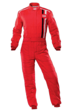 Red Grand Prix racing suit with black and white accents, featuring OMP and GP Direct branding, designed for professional motorsport drivers.