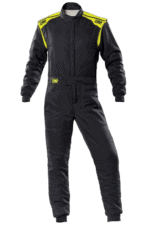 Grand Prix Racewear racing suit in black with yellow accents, designed for motorsport safety and performance.