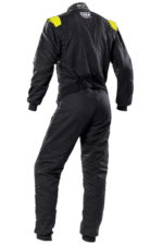Black Grand Prix Racewear racing suit with yellow accents, designed for motorsport drivers, showcasing durability and safety features.