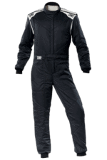 Grand Prix Racewear racing suit designed for motorsport safety and performance, featuring black fabric with white accents and branding.