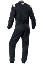 Black Grand Prix Racewear racing suit with white shoulder accents, designed for motorsport safety and performance.
