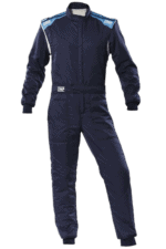 Grand Prix Racewear racing suit in navy blue with light blue accents, designed for motorsport drivers, featuring OMP branding and a comfortable fit.