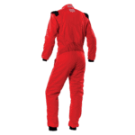 Red Grand Prix racing suit with black shoulder accents, designed for motorsport safety and performance.