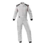 Grand Prix Racewear racing suit in white with black and red accents, designed for motorsport drivers, featuring OMP branding and high-performance materials.