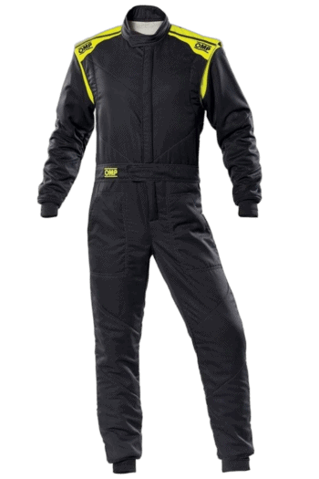 Grand Prix Racewear racing suit in black with yellow accents, designed for motorsport safety and performance.
