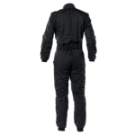 Black Grand Prix racing suit with protective padding, designed for motorsport drivers, featuring a sleek, professional look.