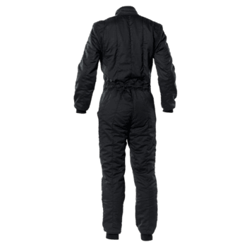 Black Grand Prix racing suit with protective padding, designed for motorsport drivers, featuring a sleek, professional look.