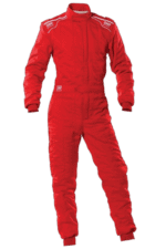 Red Grand Prix Racewear racing suit designed for motorsport drivers with protective padding and branding details.