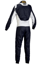 Grand Prix Racewear racing suit in navy blue and white, designed for professional motorsport drivers, featuring high-quality materials and safety features.