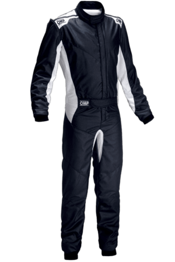 Grand Prix Racewear racing suit in black and white, designed for motorsport safety and performance.