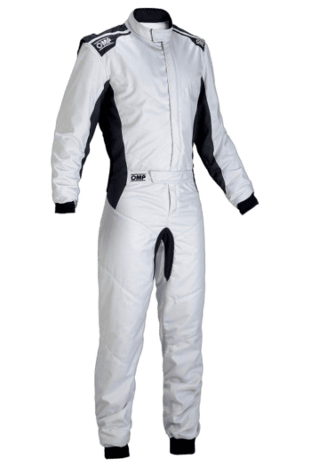 Grand Prix Racewear racing suit in white with black accents, designed for motorsport safety and performance.