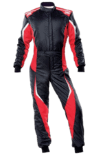 Grand Prix Racewear racing suit in black, red, and white with sponsor logos, designed for motorsport drivers.