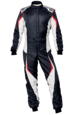 Grand Prix Racewear racing suit in black, white, and red with branding, designed for motorsport drivers.