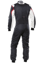 Grand Prix Racewear racing suit in black, white, and red with OMP branding, designed for motorsport safety and performance.