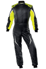 Grand Prix Racewear racing suit in black with neon yellow accents, designed for motorsport safety and performance.
