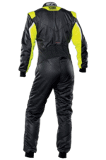 Grand Prix Racewear racing suit in black with neon yellow accents, designed for motorsport safety and performance.