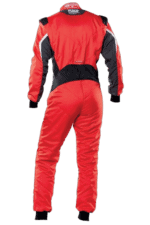 Red and black Grand Prix racing suit with protective padding, designed for motorsport safety and performance.
