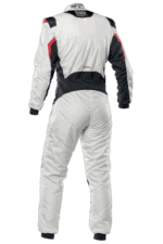 Grand Prix Racewear racing suit in white, black, and red with sponsor logos, designed for motorsport safety and performance.