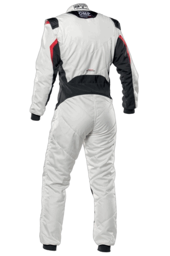 Grand Prix Racewear racing suit in white, black, and red with sponsor logos, designed for motorsport safety and performance.