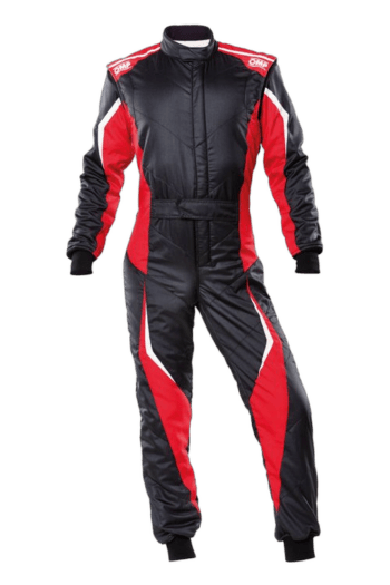 Grand Prix Racewear racing suit in black and red with branding, designed for motorsport drivers.