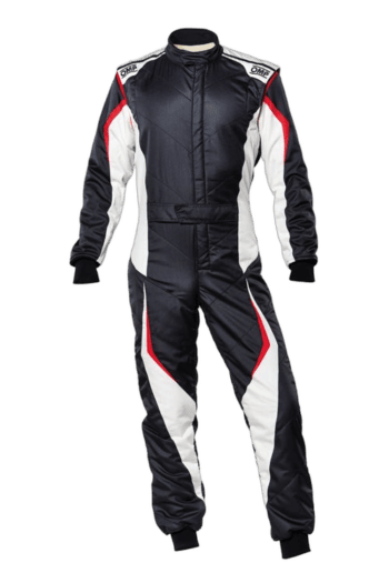 Grand Prix Racewear racing suit in black, white, and red with protective padding, designed for motorsport drivers.