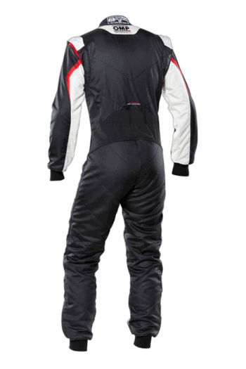 Grand Prix Racewear racing suit designed for motorsport safety and performance, featuring black, white, and red accents.
