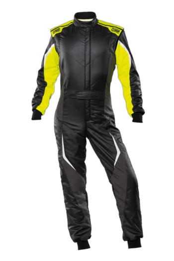 Black and yellow Grand Prix racing suit with branding, designed for motorsport safety and performance.