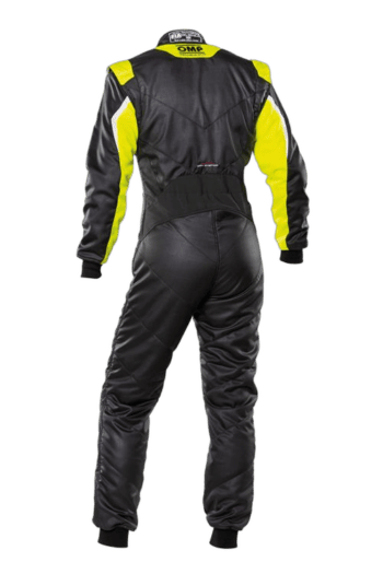 Grand Prix Racewear racing suit in black with yellow accents, designed for motorsport safety and performance.