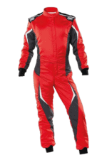 Red and black Grand Prix racing suit with protective padding, designed for motorsport drivers, featuring branding and a high collar.