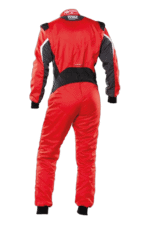 Red Grand Prix Racewear racing suit with black and white accents, designed for motorsport safety and performance.
