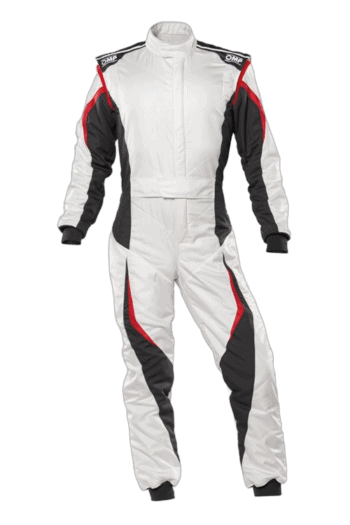 Grand Prix Racewear racing suit in white, black, and red with high-performance design for motorsport drivers.