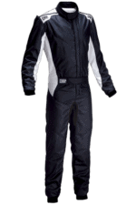 Grand Prix Racewear racing suit designed for motorsport safety and performance, featuring black and white colours with OMP branding.